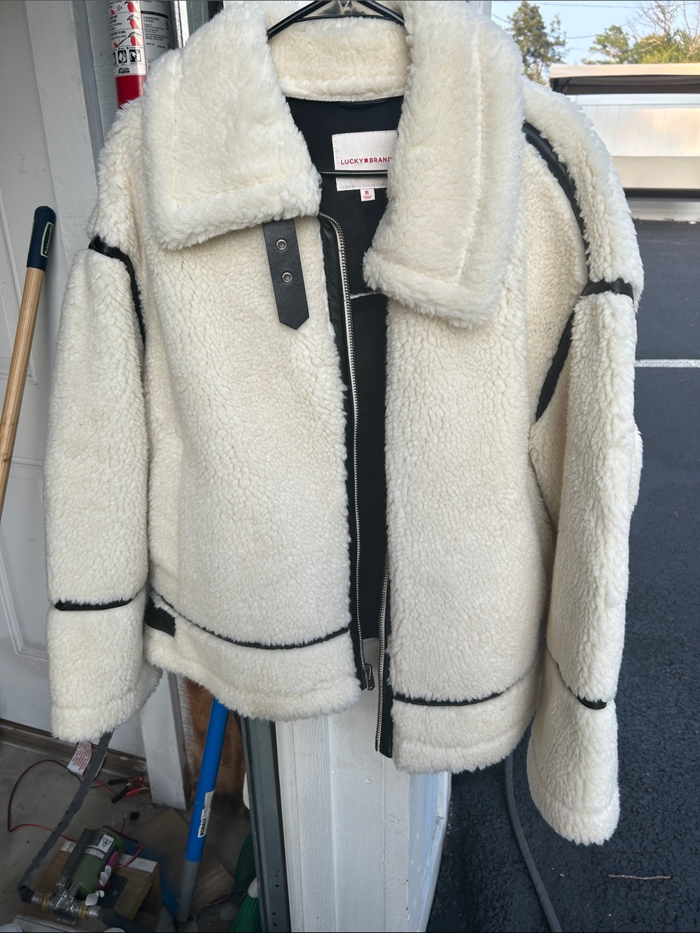 Lucky Brand Cream Faux Shearling Jacket with Black Trim
